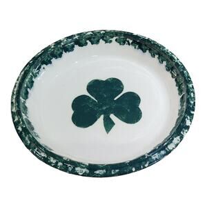 Green Clover Spongeware Pie Plate Pottery - 9"